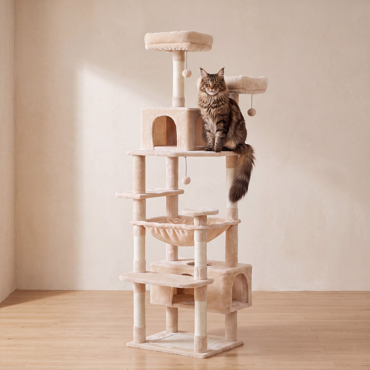 Atlas Tall Cat Tower - Beige - with a cat