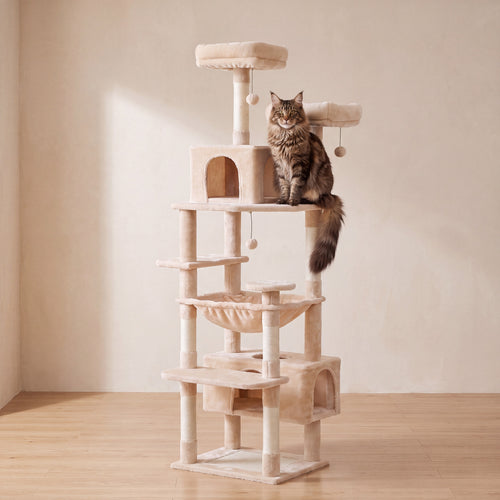 Atlas Tall Cat Tower - Beige - with a cat