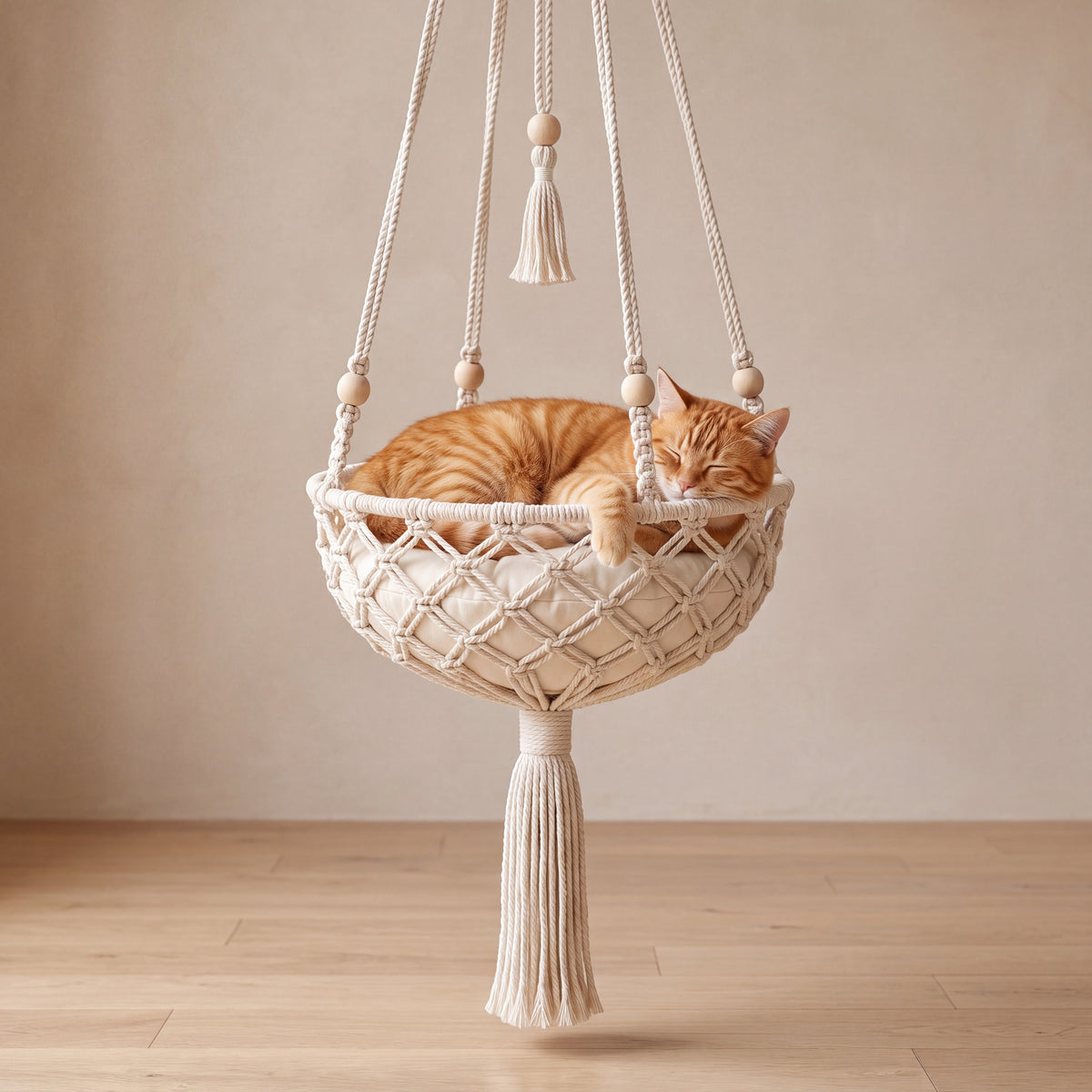 Boho Macrame Swing Bed - with a cat