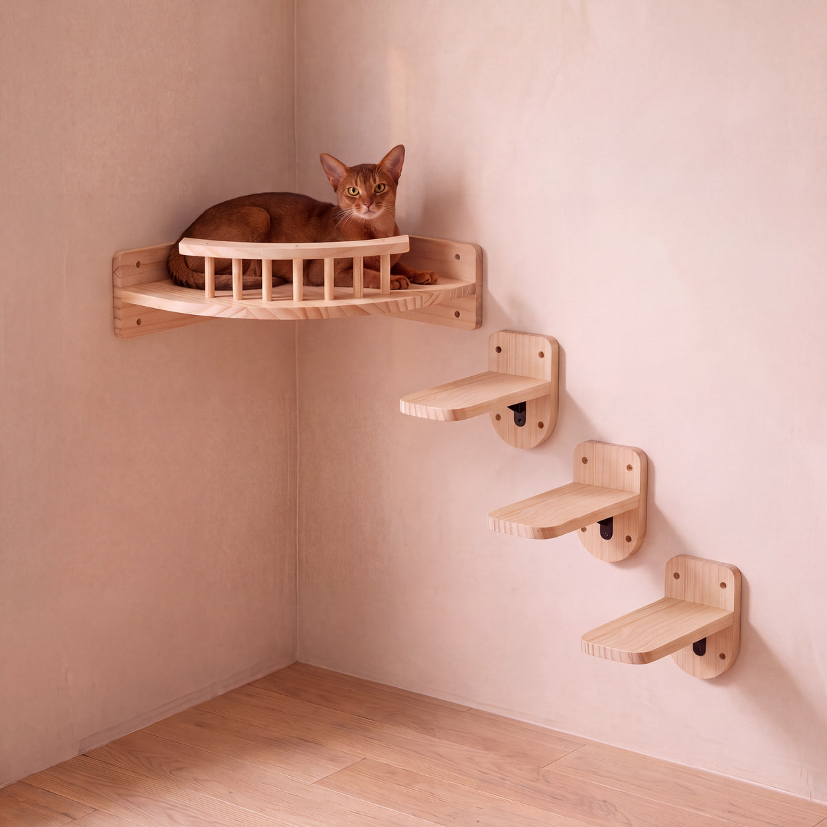 Climb Wall Shelf Set - Corner Lookout Set - with a cat