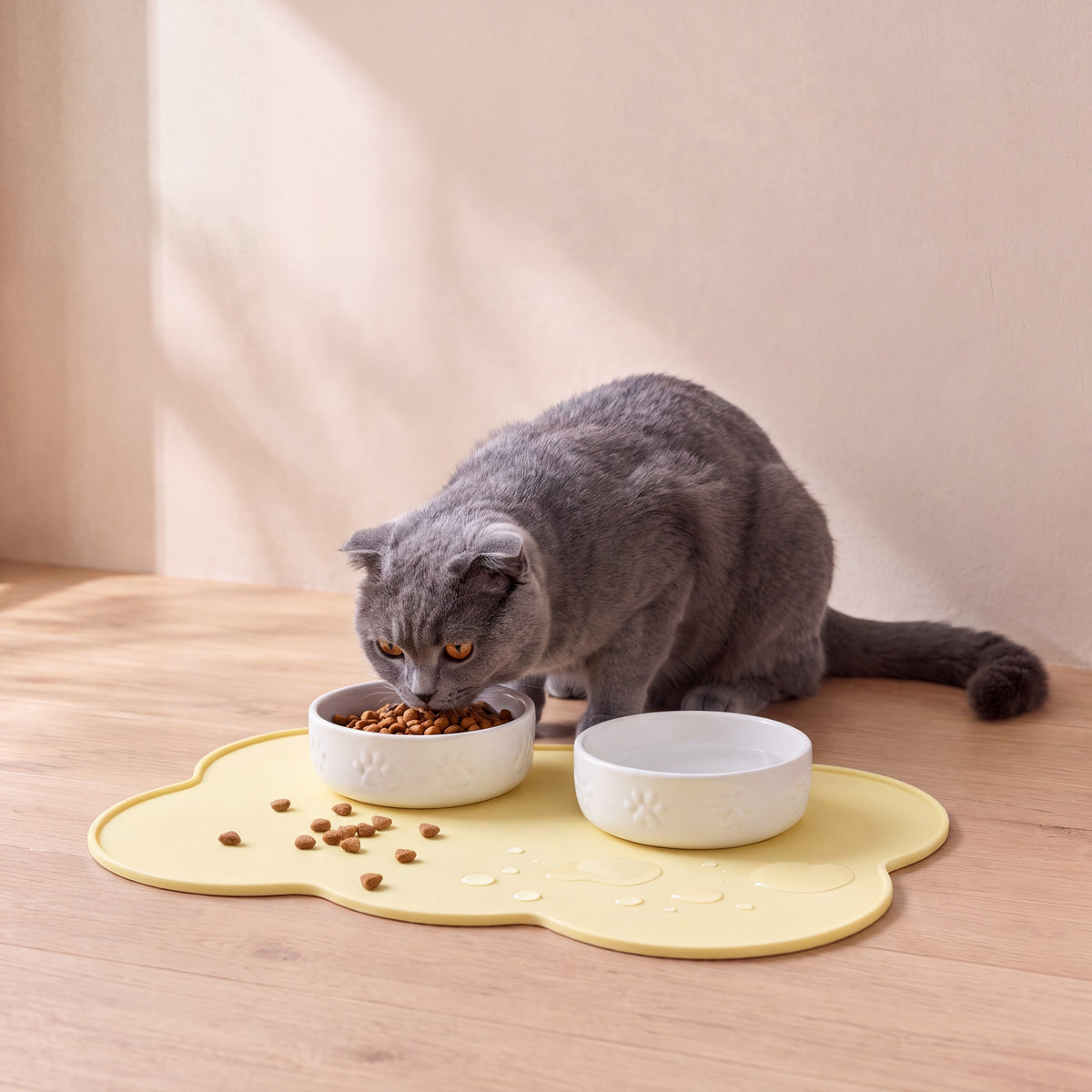 Cloud Silicone Feeding Mat - Yellow - with a cat