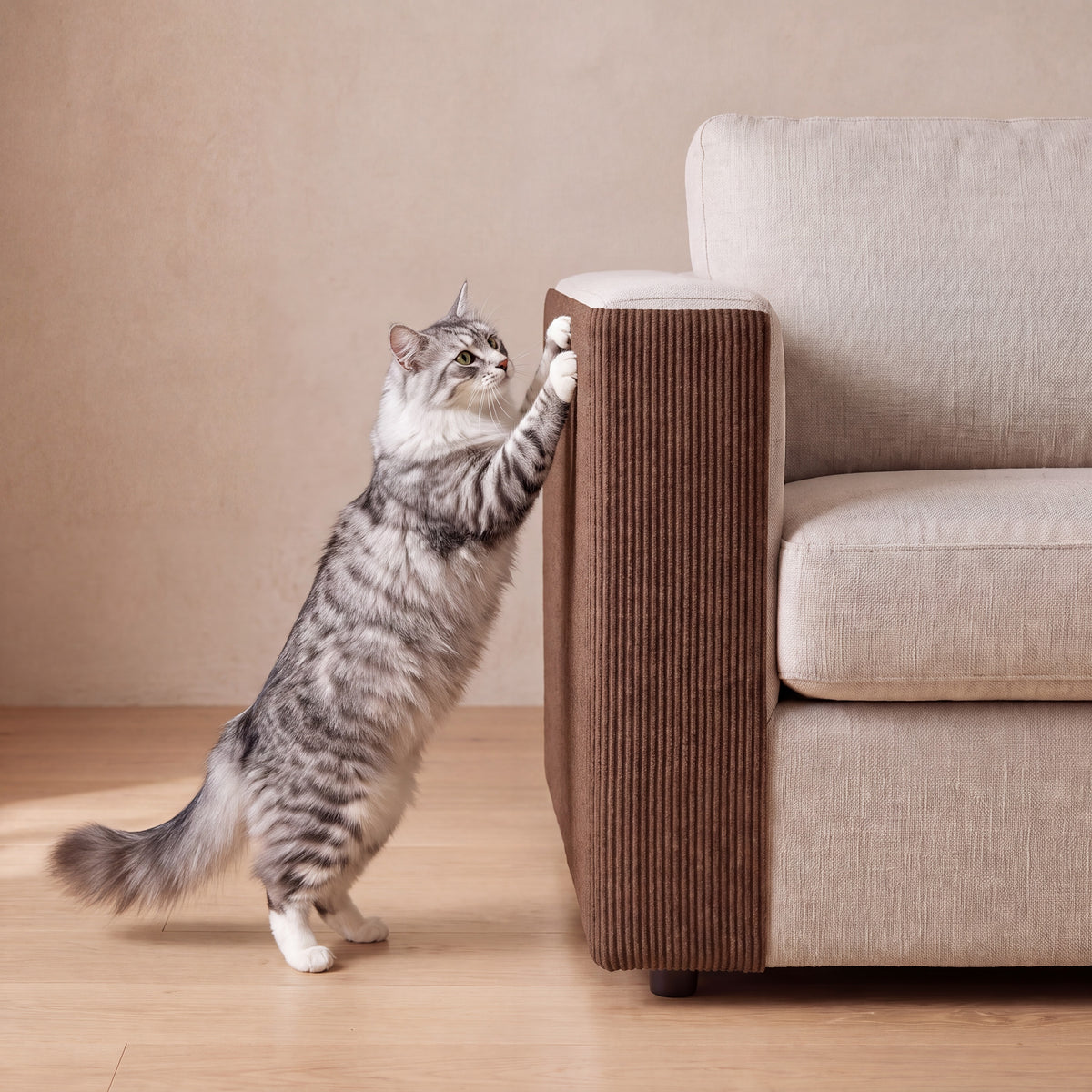 Guard Couch Scratch Wrap - Brown - with a cat