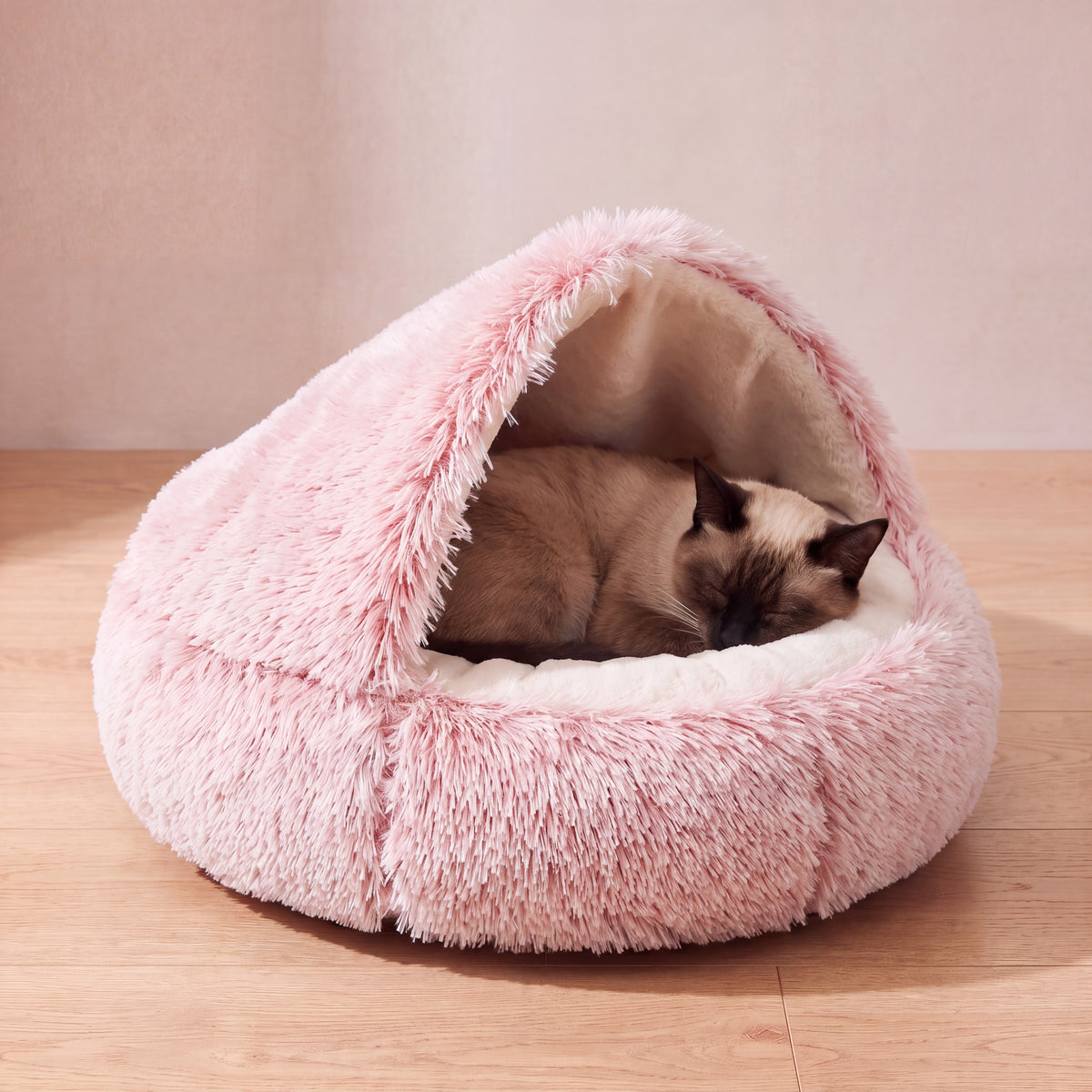 Hideaway Hooded Bed - Blush - with a cat