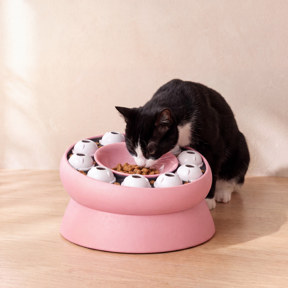 Maze Puzzle Feeder - Pink - with a cat