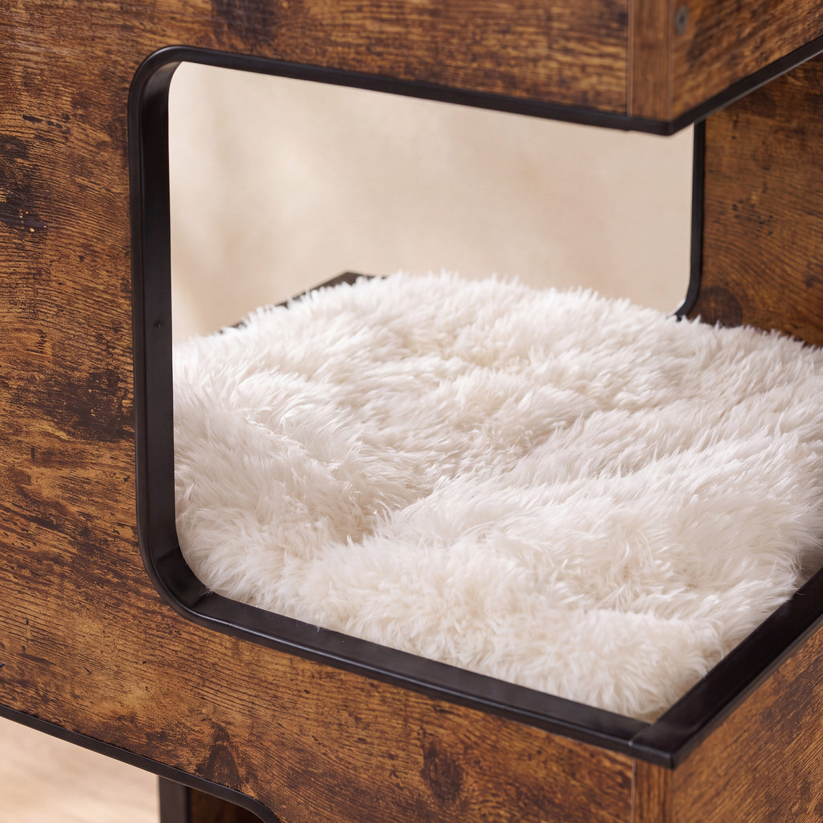 Nightstand Cat Condo - Rustic Brown - close up
