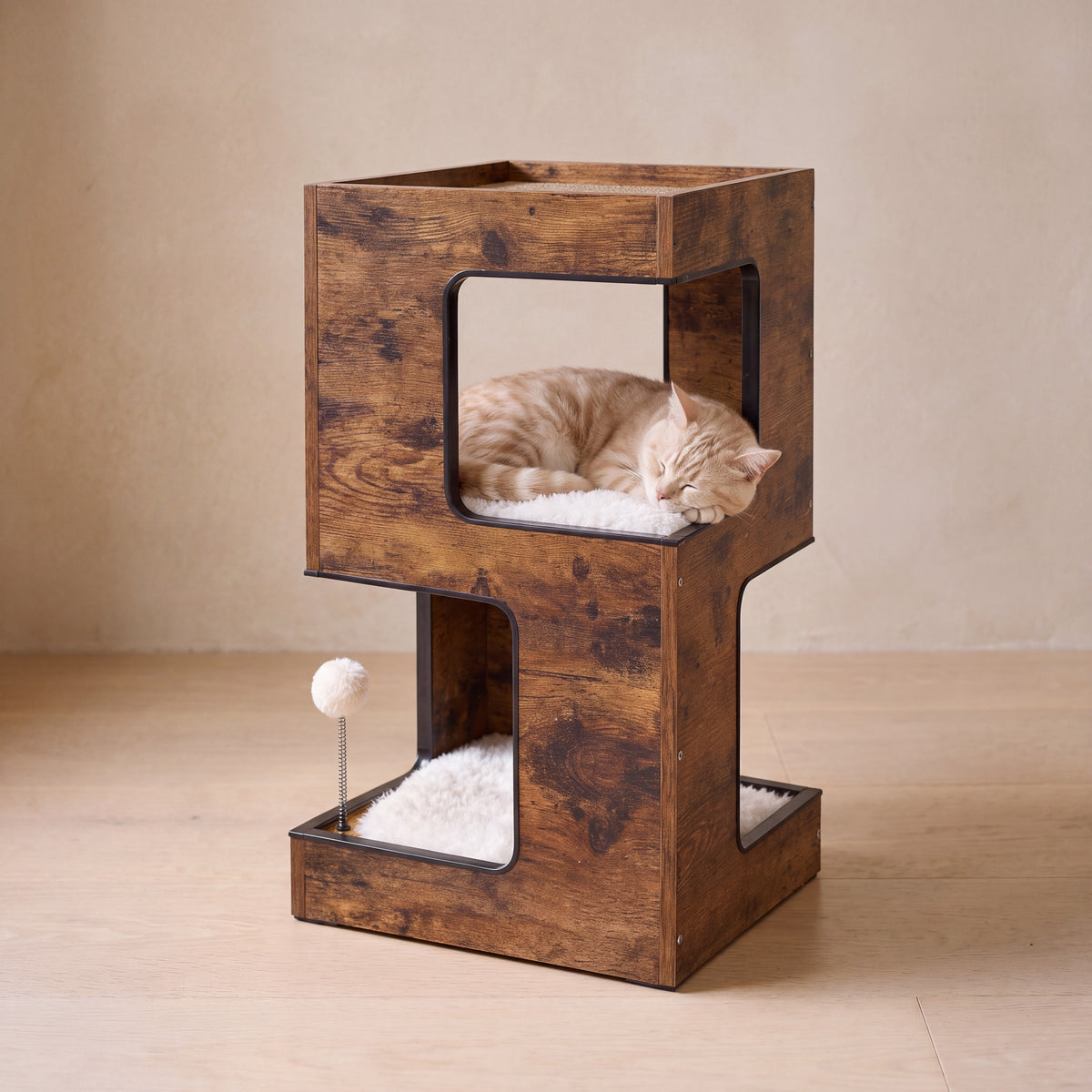 Nightstand Cat Condo - Rustic Brown - with a cat
