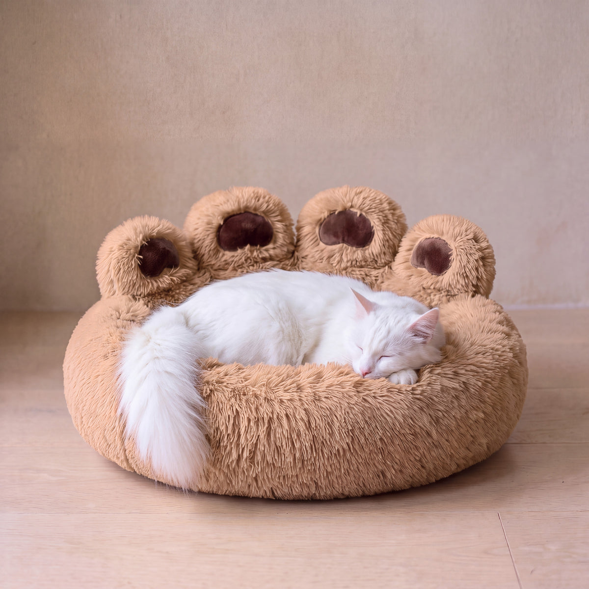 Paw Plush Bed - Mocha - with a cat