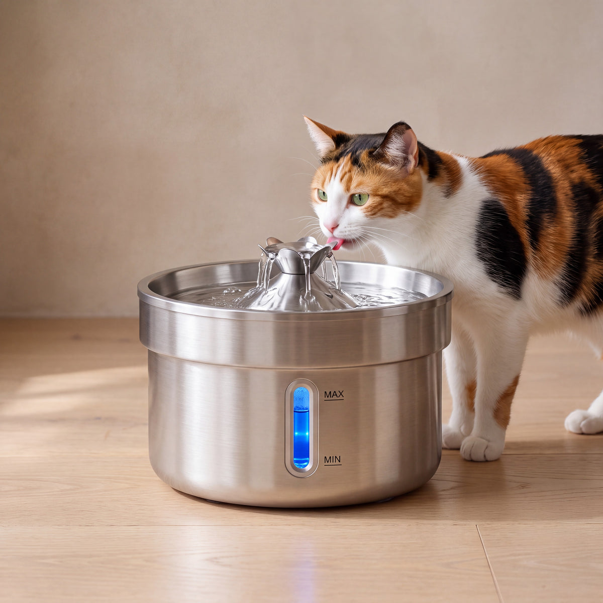 Ripple Steel Water Fountain - with a cat