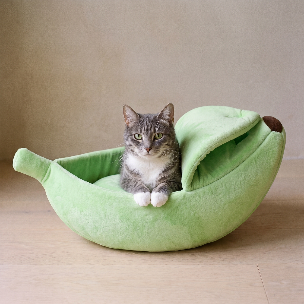 Snug Banana Bed light green banana cat bed - feature