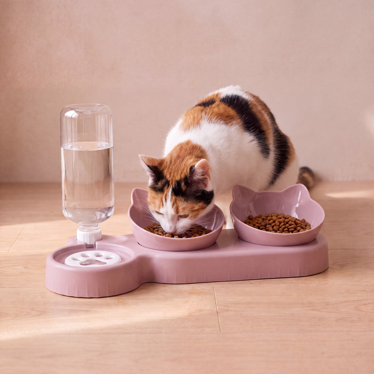 Twin Ear Feeding Station - Blush - with a cat