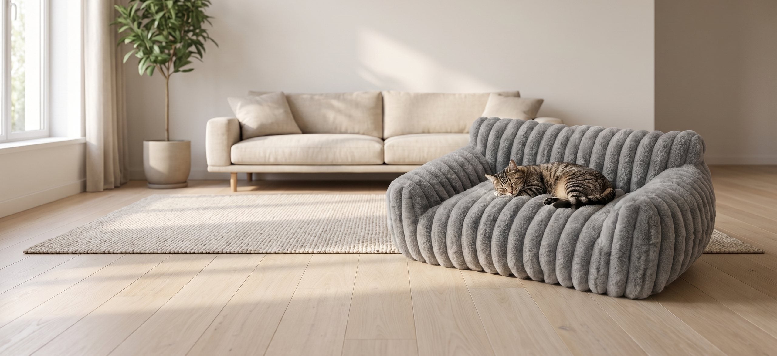 A cat asleep in the Lounge Sofa Bed in a sunlit living room